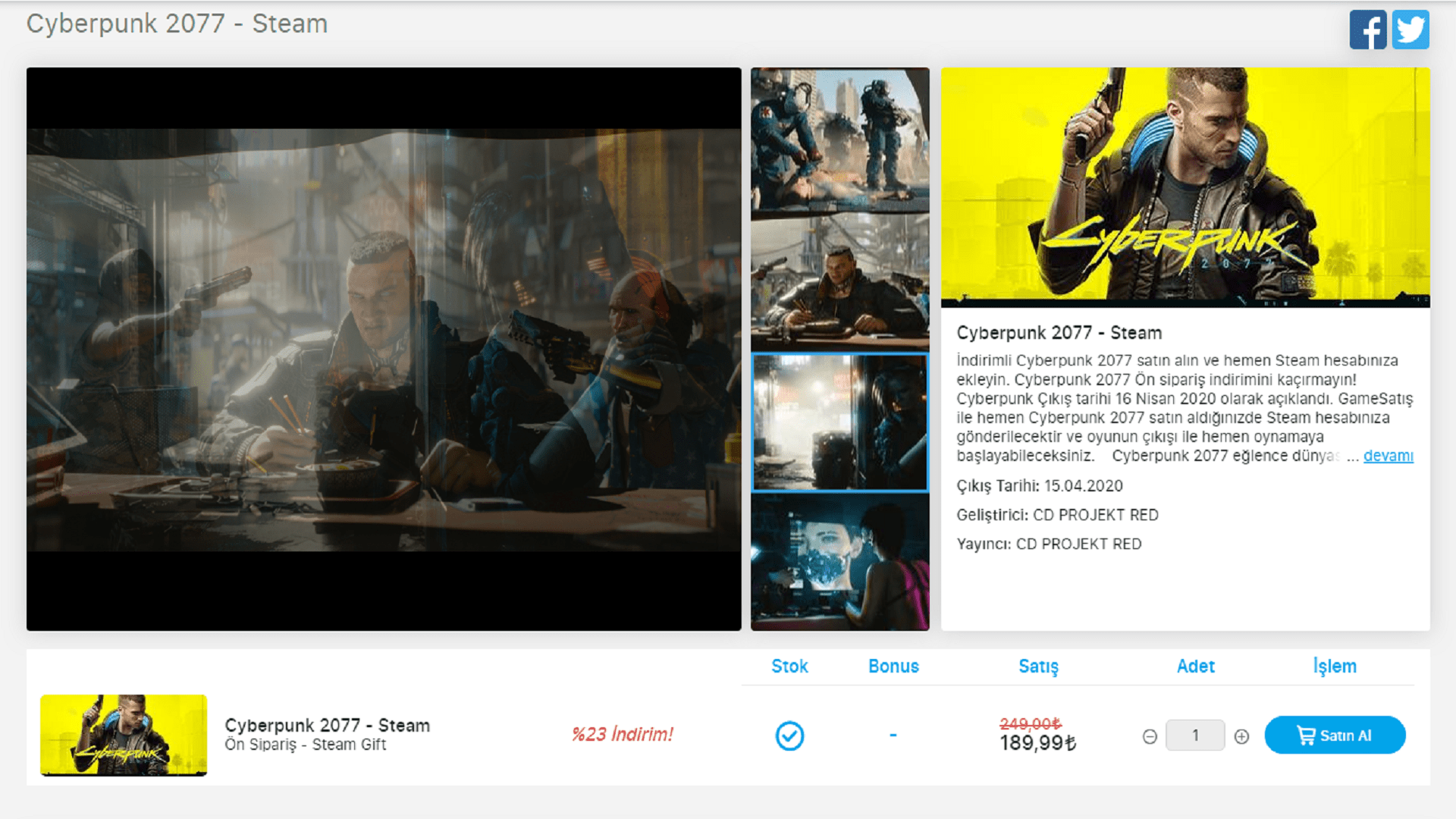 GameSatış, Cyberpunk 2077’nin Ön sipariş fiyatını 190 TL’ye İndirdi !